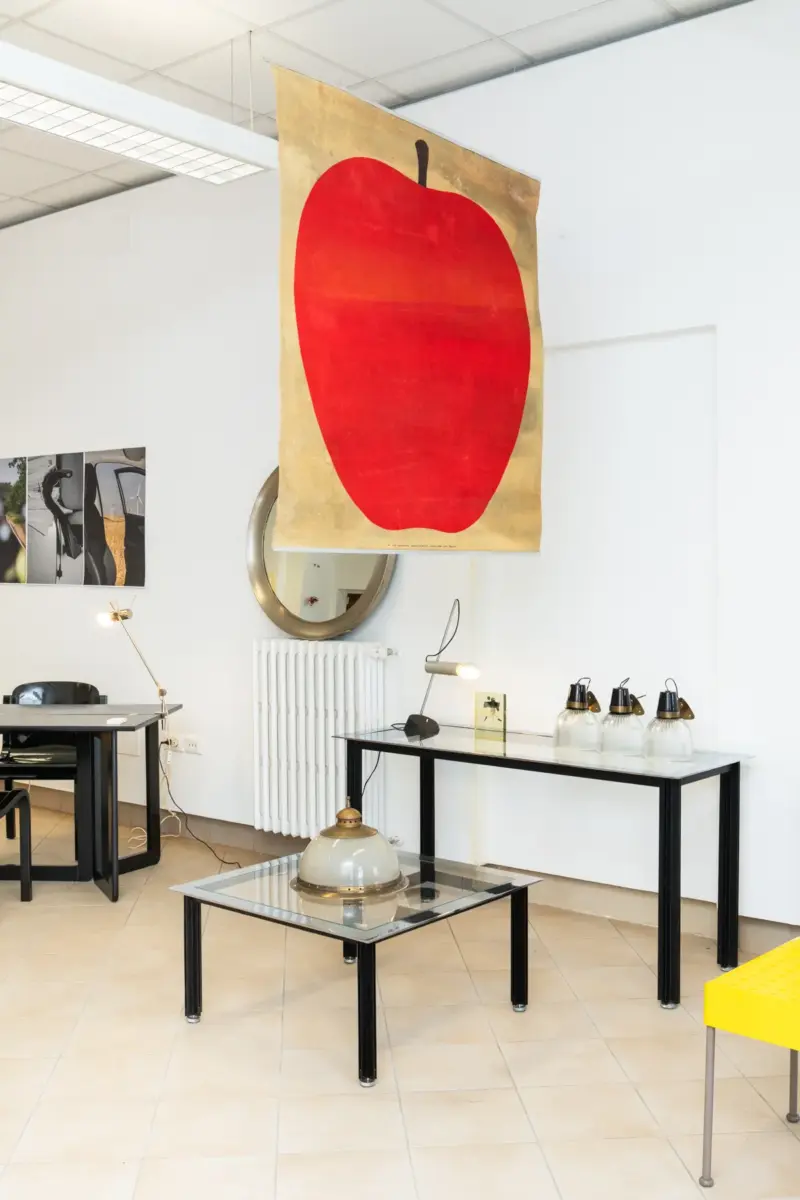 1+1 gallery exhibition space in venezia for biennale arte 2026, showing enzo mari print and azucena furniture and lamps