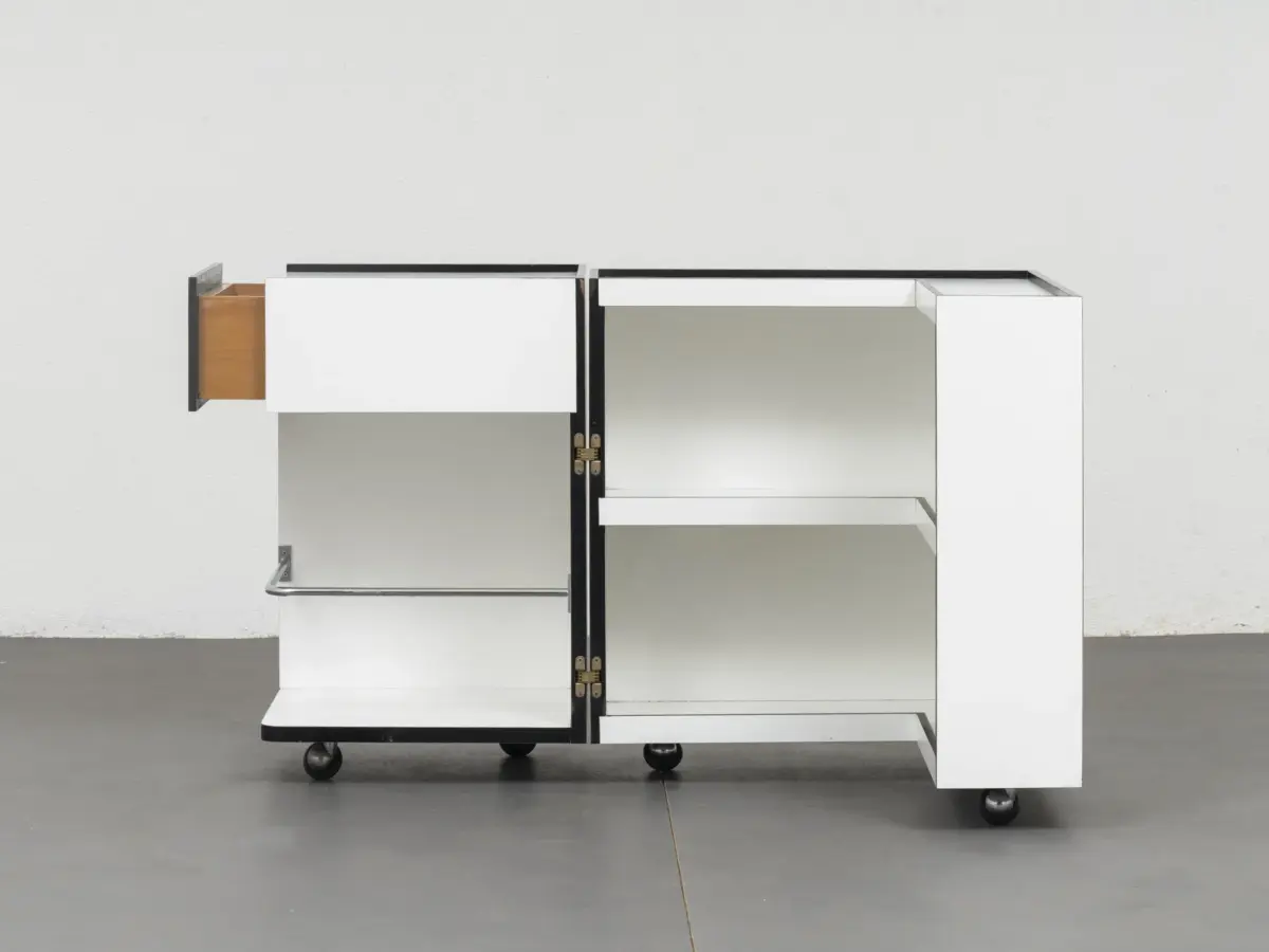 1960s italian design cubotto bar cart by cini boeri, front view, fully opened, arflex 1960s production 