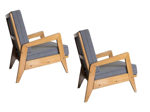 Set of 2 architectural wooden armchairs, 1940s
