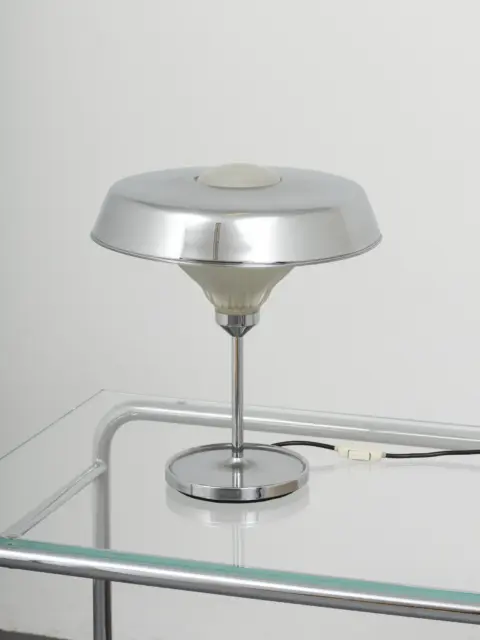 bbpr ro table lamp for artemide, 1963 — polished chrome disc shade, ribbed pressed glass 