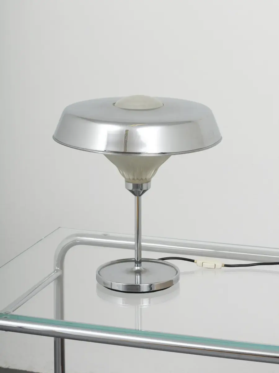 bbpr ro table lamp for artemide, 1963 — polished chrome disc shade, ribbed pressed glass 