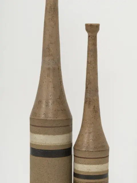 bruno gambone ceramic bottle vases, 60 and 48 cm, italy 1970s, restored neck detail 