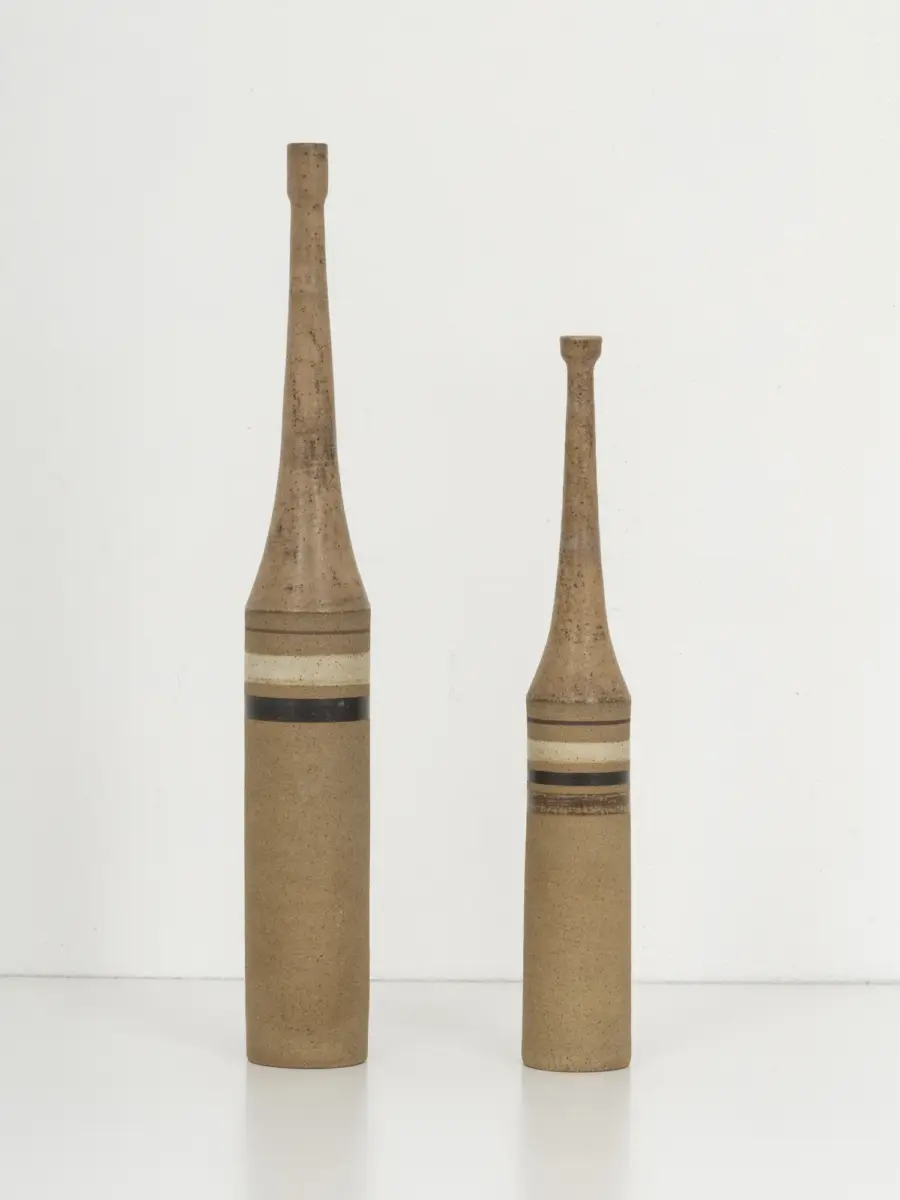 bruno gambone pair of xl ceramic bottle vases, italy 1970s, striped decoration 