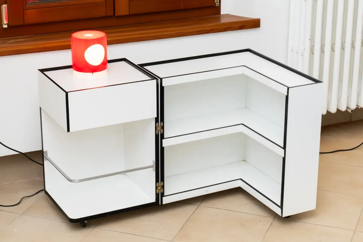 cini boeri bar cart for arflex and joe colombo lamp in 1+1 gallery popup showroom for biennale arte 2026, venezia 