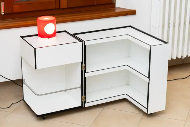 cini boeri bar cart for arflex and joe colombo lamp in 1+1 gallery popup showroom for biennale arte 2026, venezia 