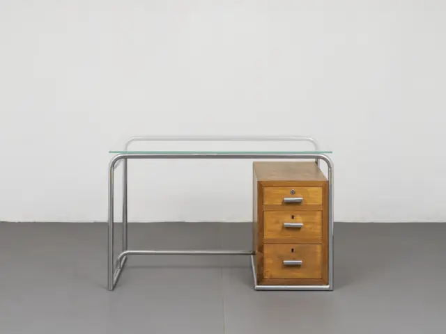 cova milano rationalist desk, early 1940s tubular metal frame, walnut drawer, glass top 