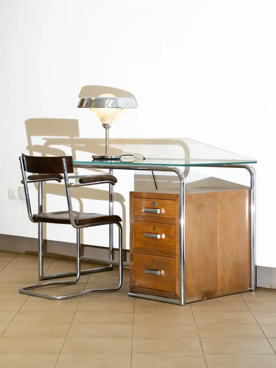 detail of cova milano 1930s desk and armchair with bbpr lamp, 1+1 showroom for art biennale 2026