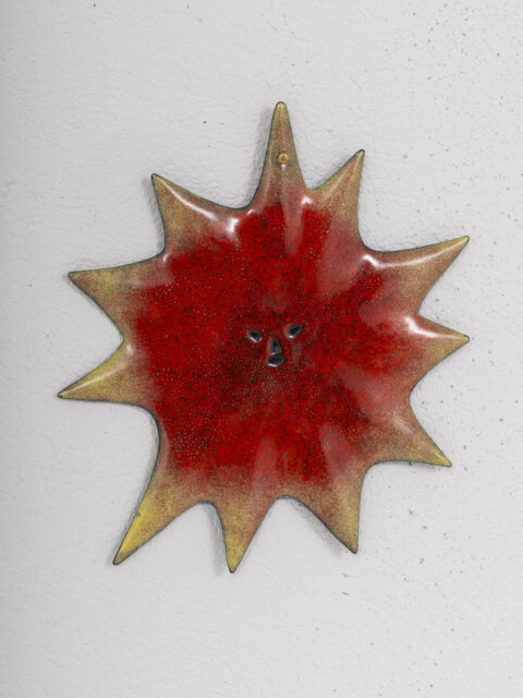 double sided enamelled copper sun by gio ponti and paolo de poli, italy 1956, red and yellow verso