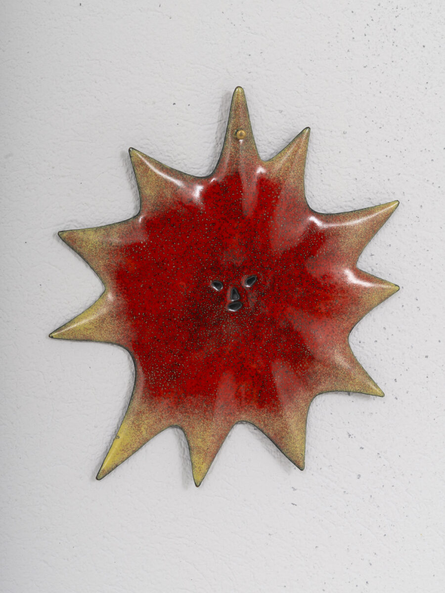 double sided enamelled copper sun by gio ponti and paolo de poli, italy 1956, red and yellow verso