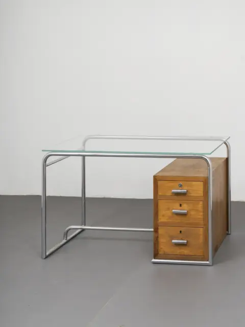italian rationalist desk by cova milano, 1940s, bent tubular frame with three drawer walnut unit 
