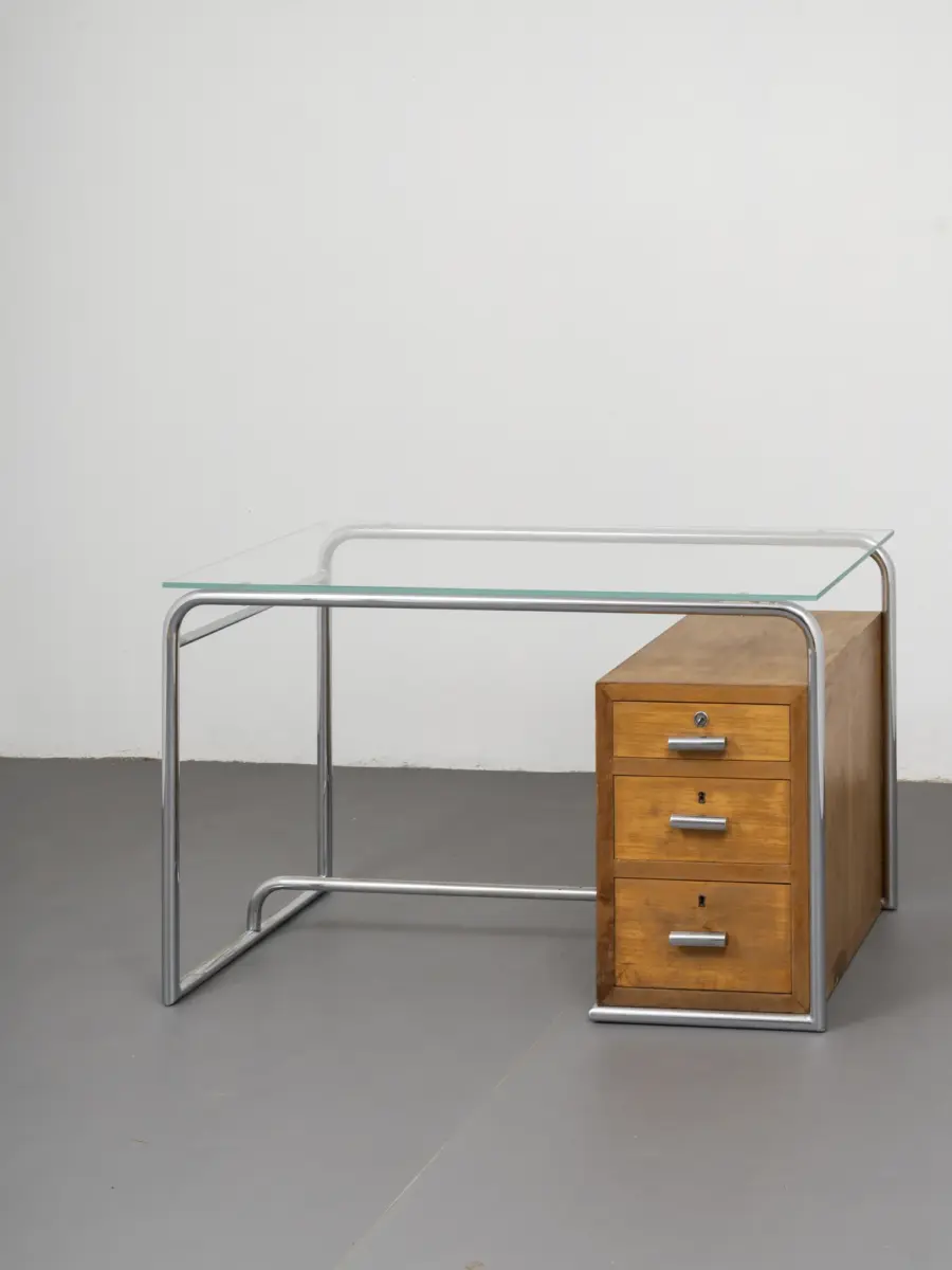 italian rationalist desk by cova milano, 1940s, bent tubular frame with three drawer walnut unit 