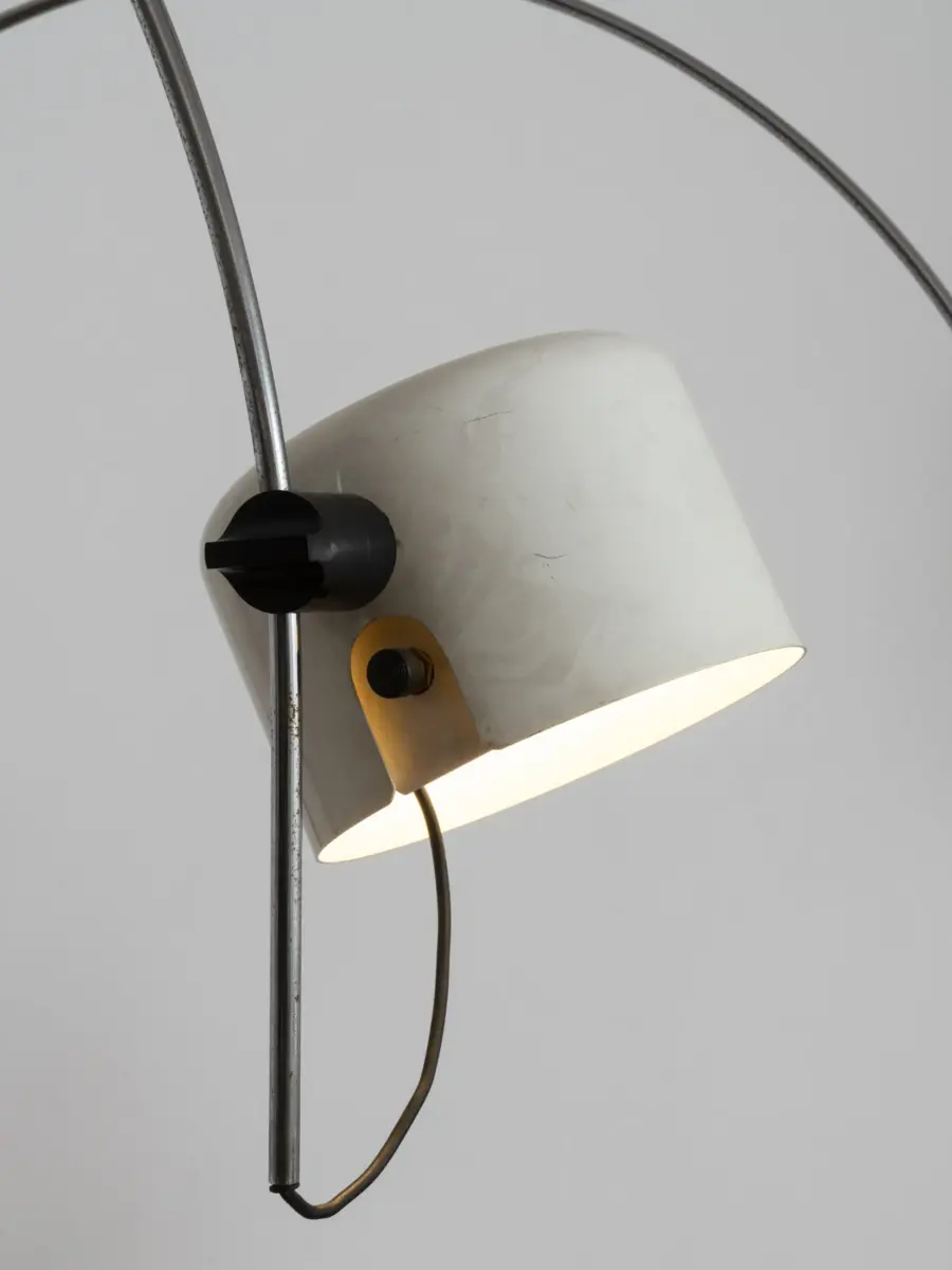 lit cylindrical shade with black plastic joint and switch, joe colombo “coupé” lamp for o luce 