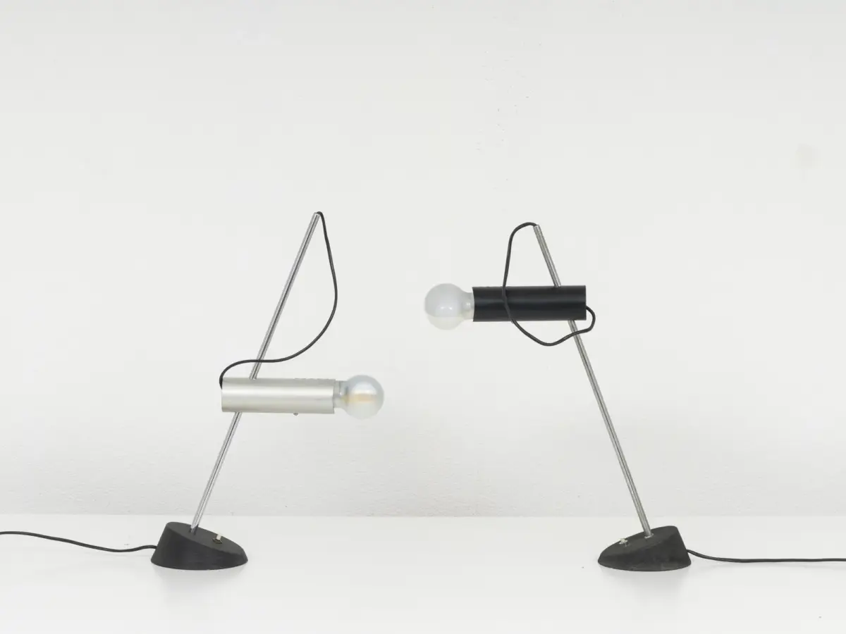 pair of collectible italian mid century desk lamp, sarfatti 566 arteluce 1960s, black and polished aluminum 
