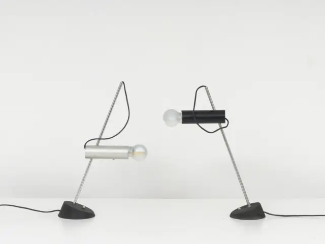 pair of collectible italian mid century desk lamp, sarfatti 566 arteluce 1960s, black and polished aluminum 
