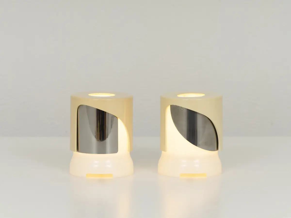 pair of joe colombo kd24 table lamps for kartell, 1964 — cream perspex and aluminium, lit 