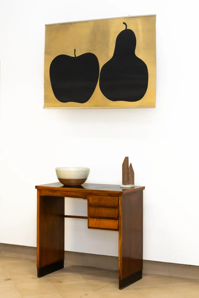 schirolli desk and enzo mari print in photographs by fabrizio vatieri at 1+1 gallery showroom, biennale arte 2026, venicejpg