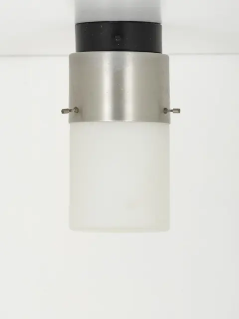 stilnovo ceiling lamp model 1245, italy late 1950s, nickel plated band, opal triplex glass cylinder 