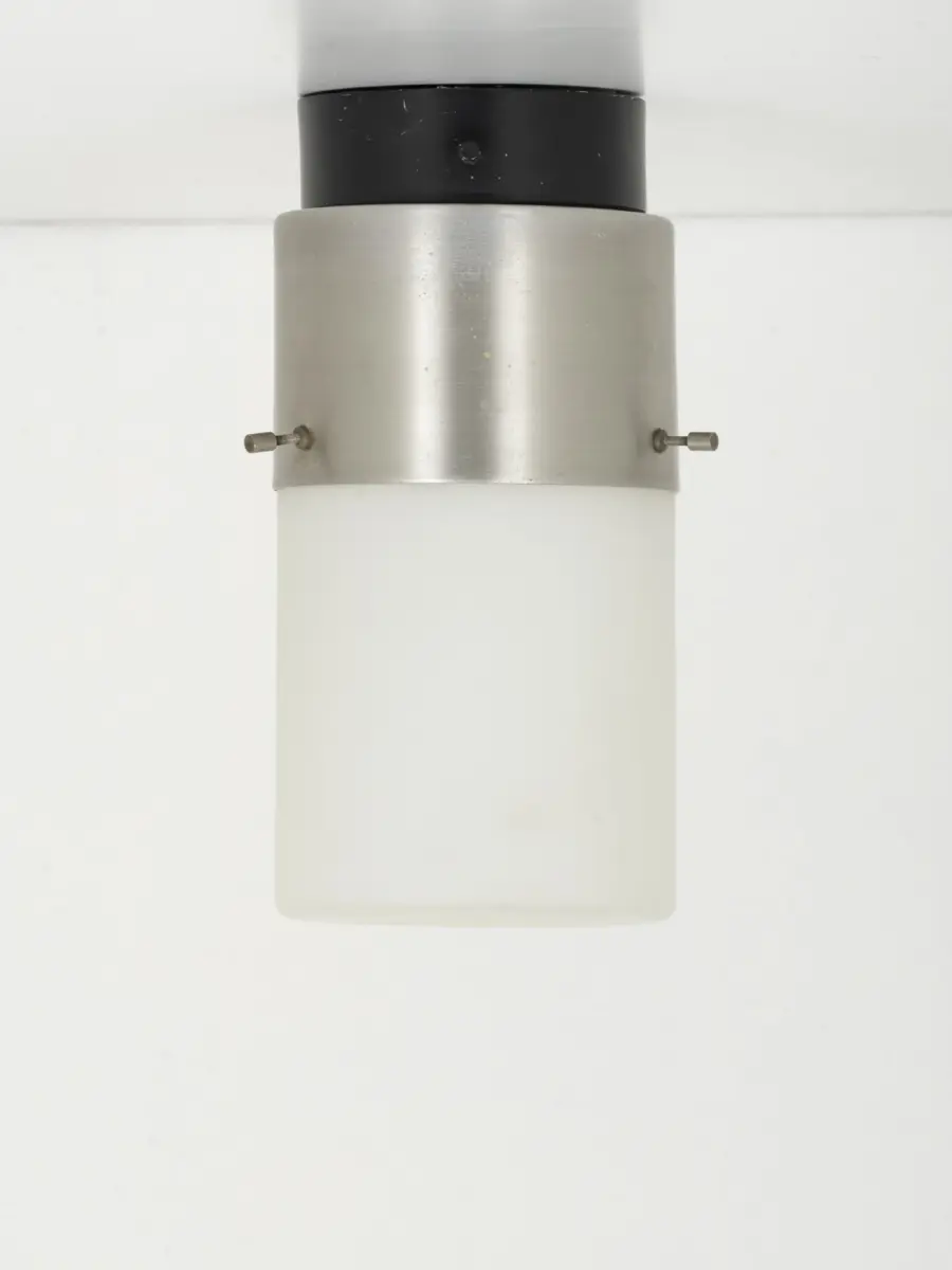 stilnovo ceiling lamp model 1245, italy late 1950s, nickel plated band, opal triplex glass cylinder 