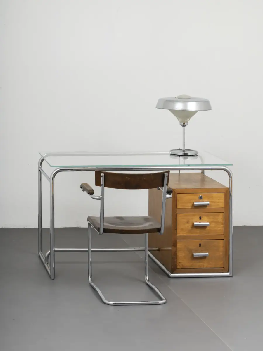 vintage cova milano desk, italy early 1940s, bauhaus inspired tubular structure and glass top with matching armchair and lamp 