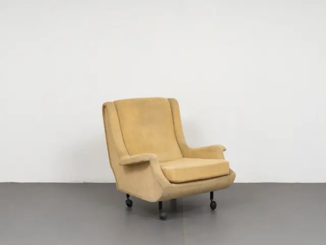 zanuso regent arflex 1960s armchair, continuous upholstered shell, original wheeled base 